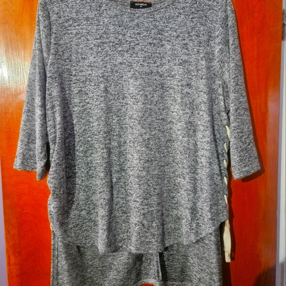 Gray Knit Top with Lace Up Detail